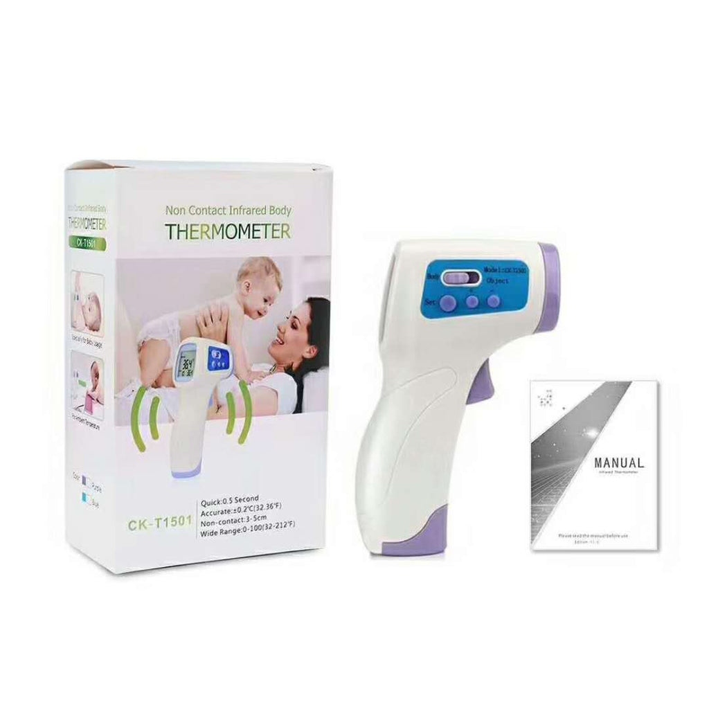 White and purple non-contact infrared forehead thermometer with box and manual