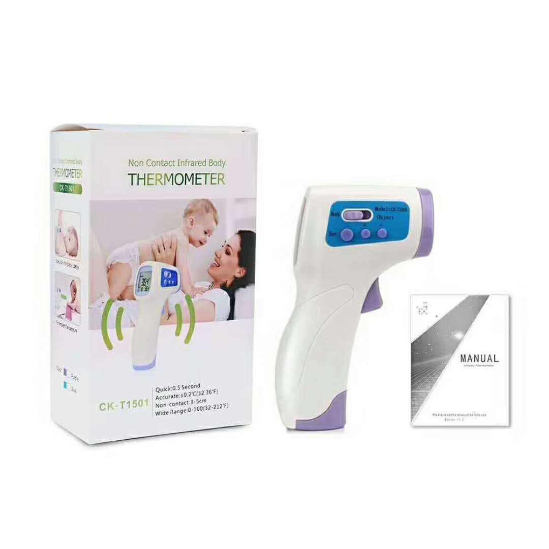 White and purple non-contact infrared forehead thermometer with box and manual