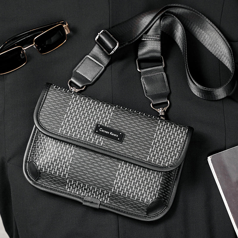 Premium Leather Plaid Check Shoulder Bag For Men Urban Street Style Crossbody Bag