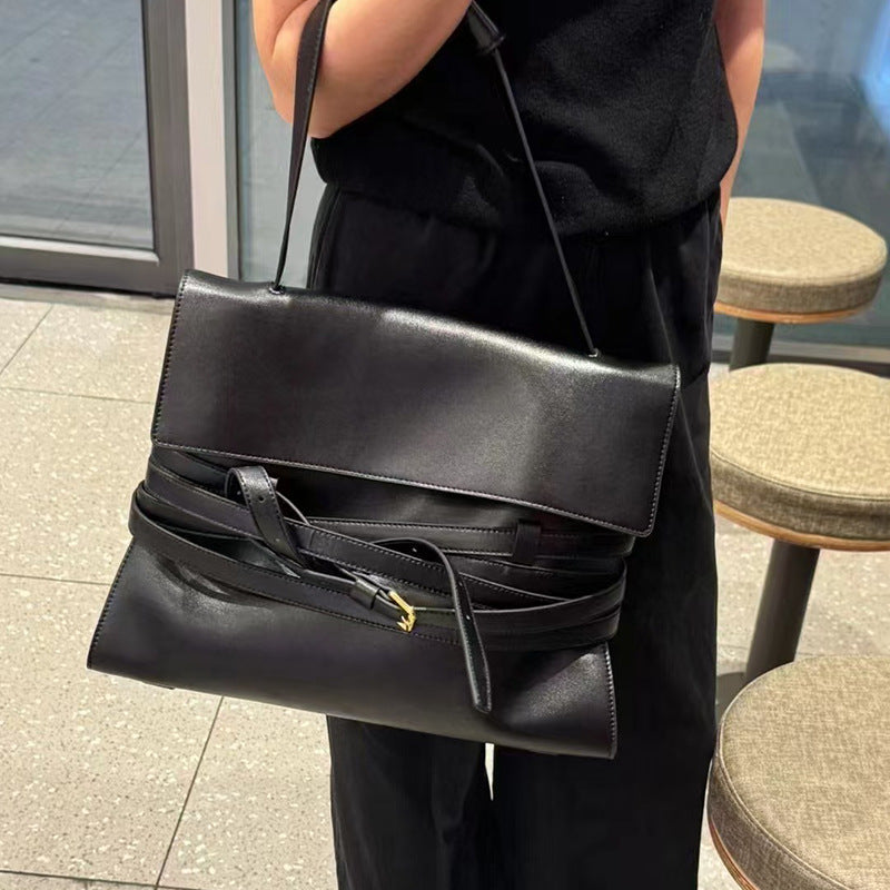 Portable Genuine Leather Shoulder Bag With Buckle Crossbody In Black Small Size 20x10x18cm And Large Size 38x14x29cm