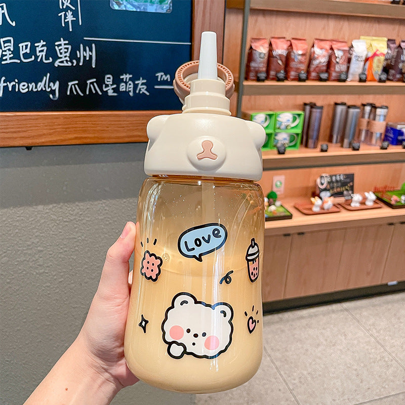 Summer Super Cute Cartoon Water Cup With Straw Portable Student Water Bottle Reusable Logo Print