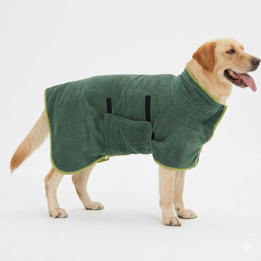 Green pet bathrobe towel for dogs with neck strap and back strap design