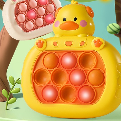 Yellow duck and cream bunny press-and-play bubble pop consoles with orange circles