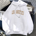 Black pullover hoodie with Los Angeles California text graphic, kangaroo pocket, hood