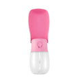 Pink foldable pet water bottle with flip-top lid and drinking spout.