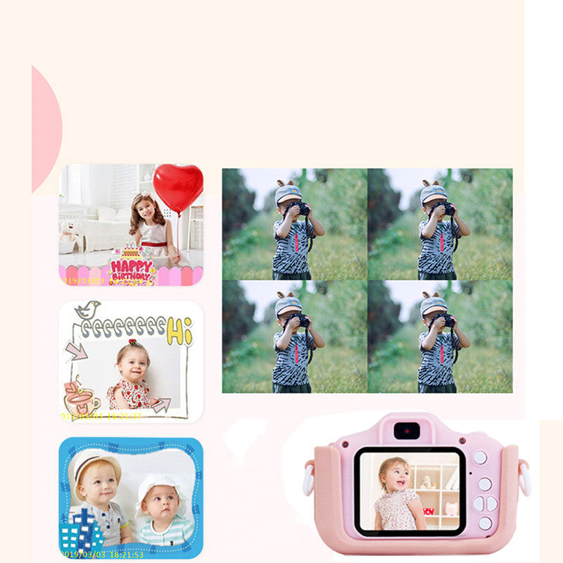 Pink digital camera toy with screen showing child photo and camera buttons
