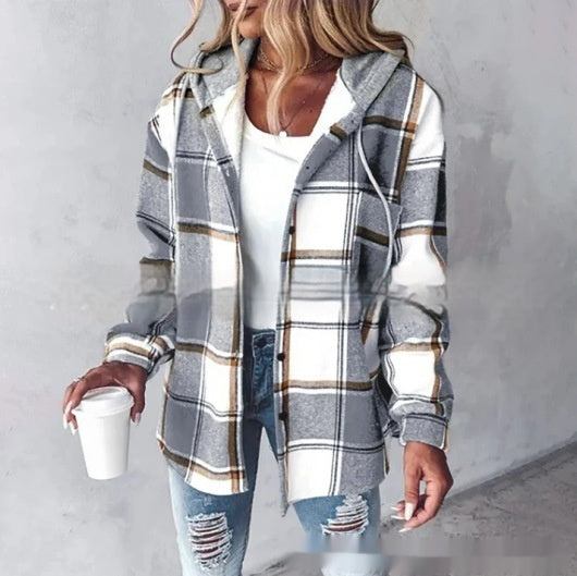 Women’s plaid hooded jacket, gray/white with tan lines, front buttons, side pockets