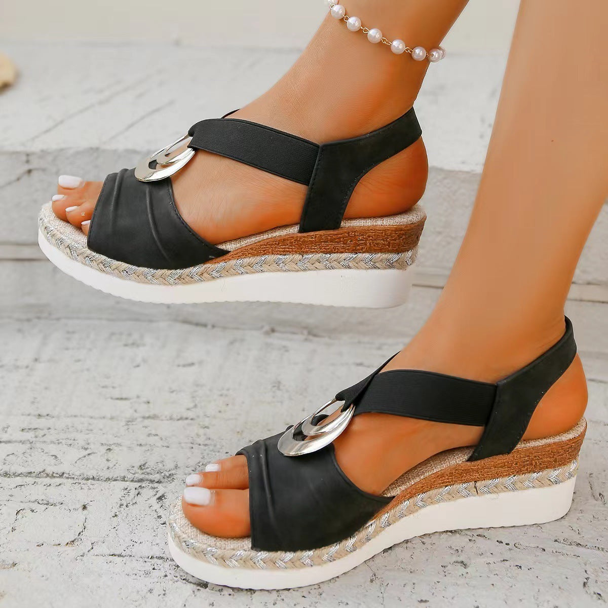 Plus Size Hemp Rope Wedge Sandals with Metal Buckle