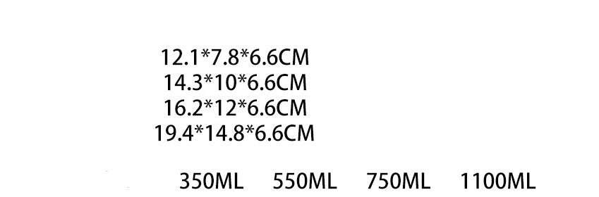 Lunch container set size chart with dimensions and capacities 350–1100 mL