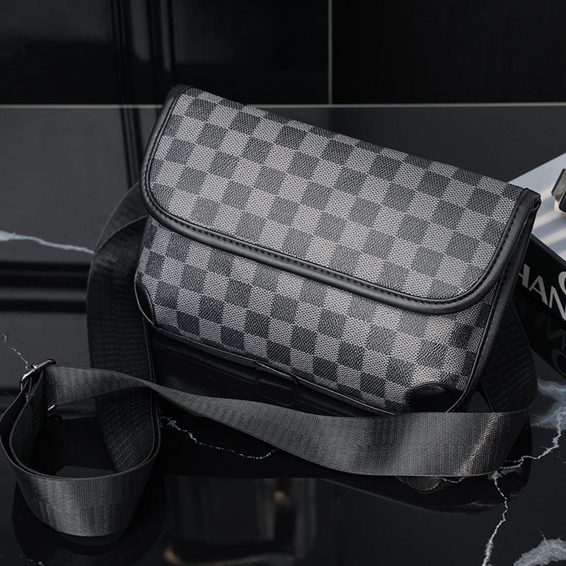 Korean Casual Fashion Chest Crossbody Bag Waterproof PU Leather For Men Available In Black Coffee Khaki Gray Plaid