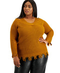 Plus-size cowl-neck ribbed sweater in Cathay Spice, frayed hem and sleeve cuffs