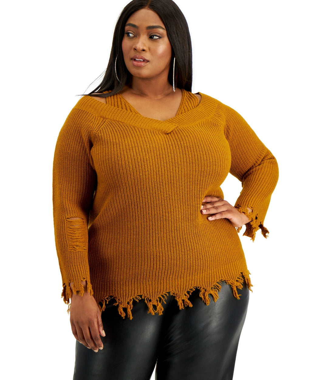 Plus-size cowl-neck ribbed sweater, Cathay Spice color, frayed bottom and cuffs