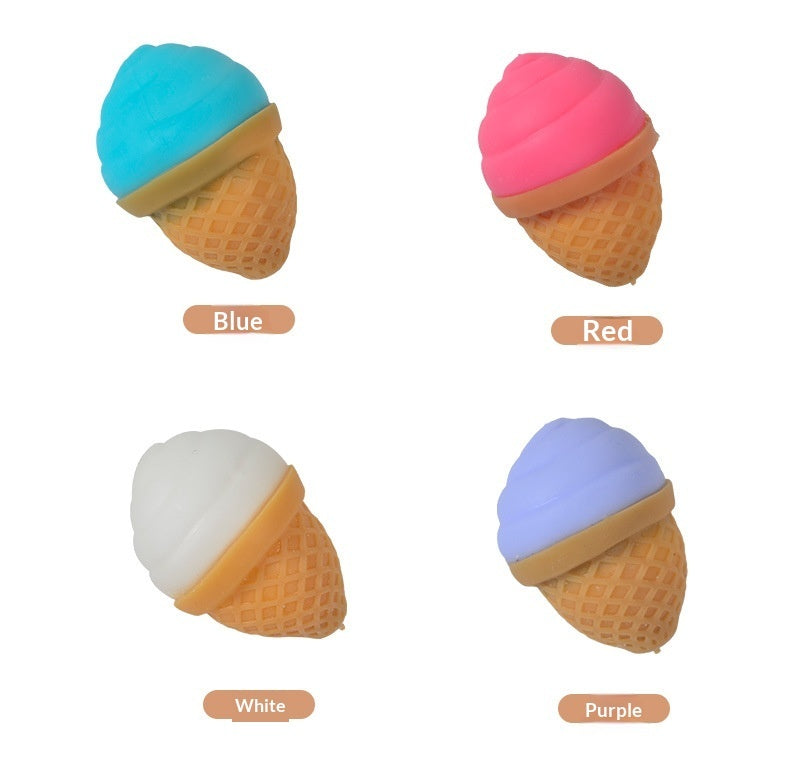 Ice cream cone squishy stress relief ball color options: blue, red, white, purple