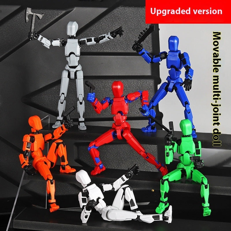 Multi-joint robot action figure set with white, blue, red, orange, and green figures