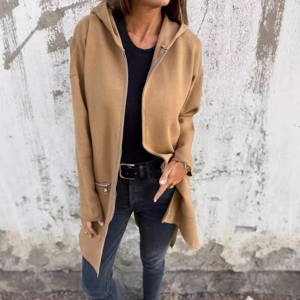 Women’s camel zip-up hooded cardigan with front zipper pockets and long sleeves