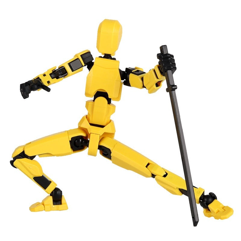 Yellow multi-joint robot action figure holding a long black rifle in a dynamic pose