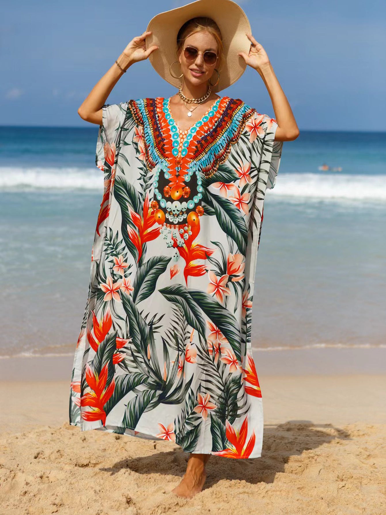 Bohemian Beach Cover Up Dress For Women - Flowy Long Maxi Dress, Lightweight Cotton Blend, Plus Size Available