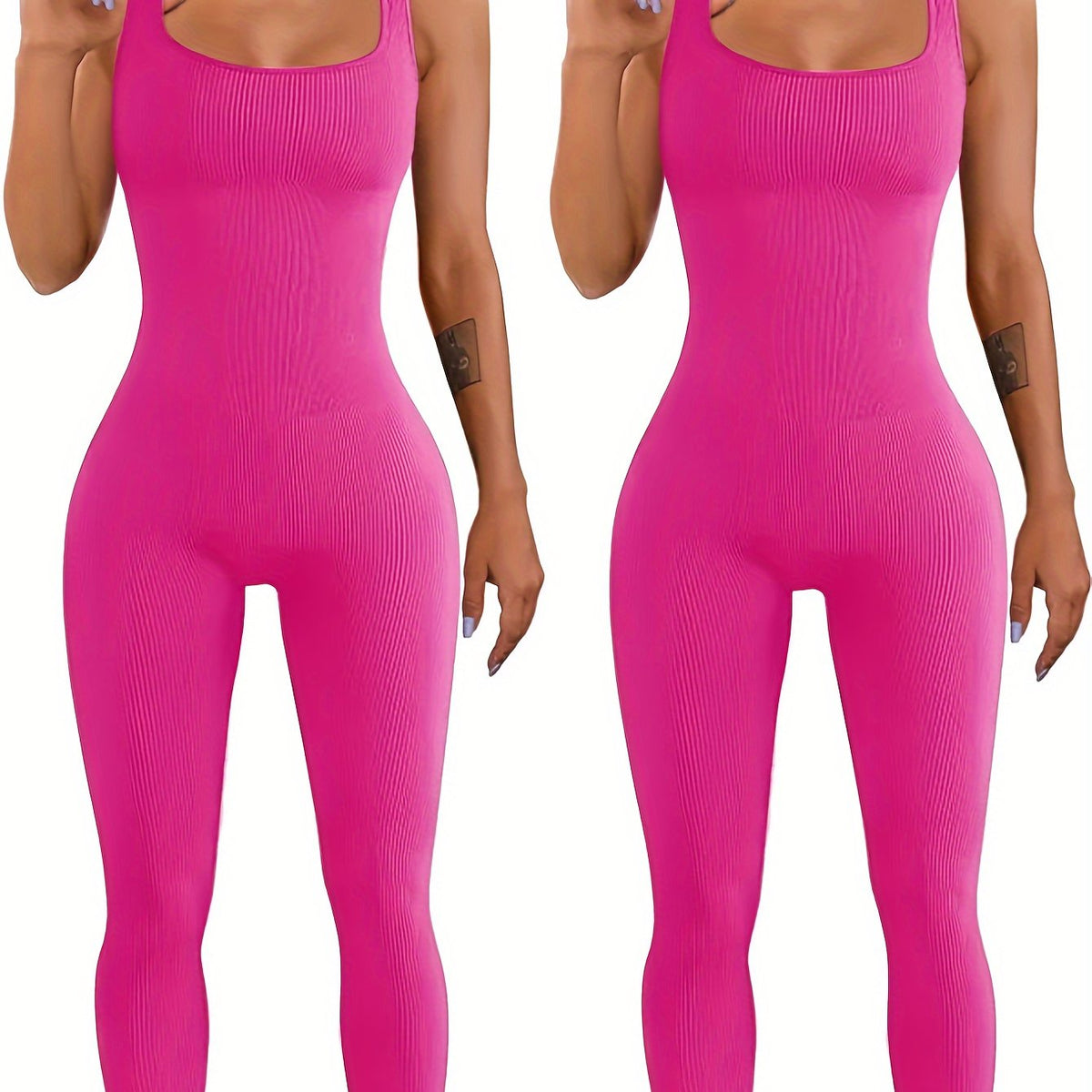 Bright pink sleeveless spandex workout bodysuit, fitted one-piece athletic tank.