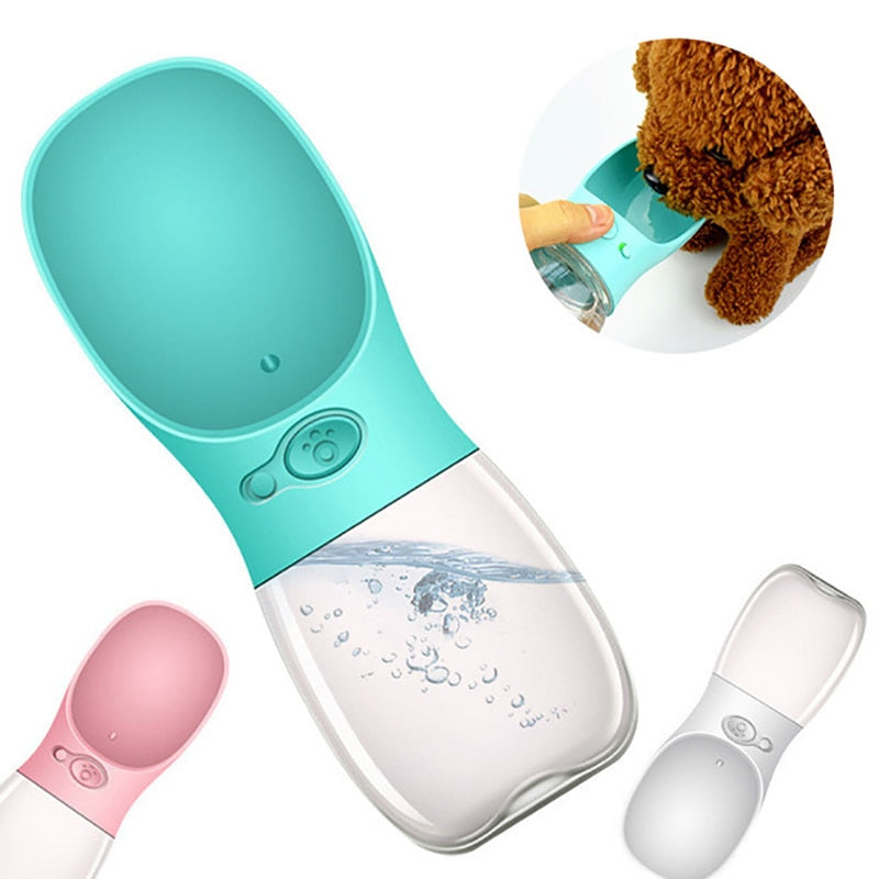 Portable pet water bottle with filter, teal bottle with water stream detail