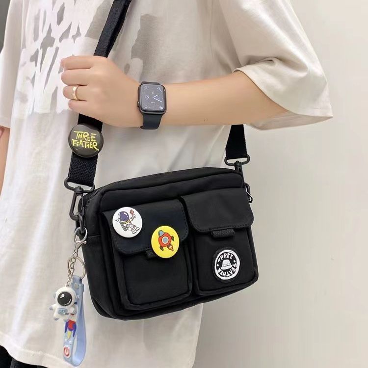Mens Nylon Shoulder Crossbody Messenger Bag With Badge Pendants Breathable Ultra Light Street Style