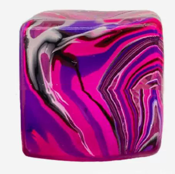 Square marbled ice-cube squeeze toy in purple, pink, and dark gray swirls