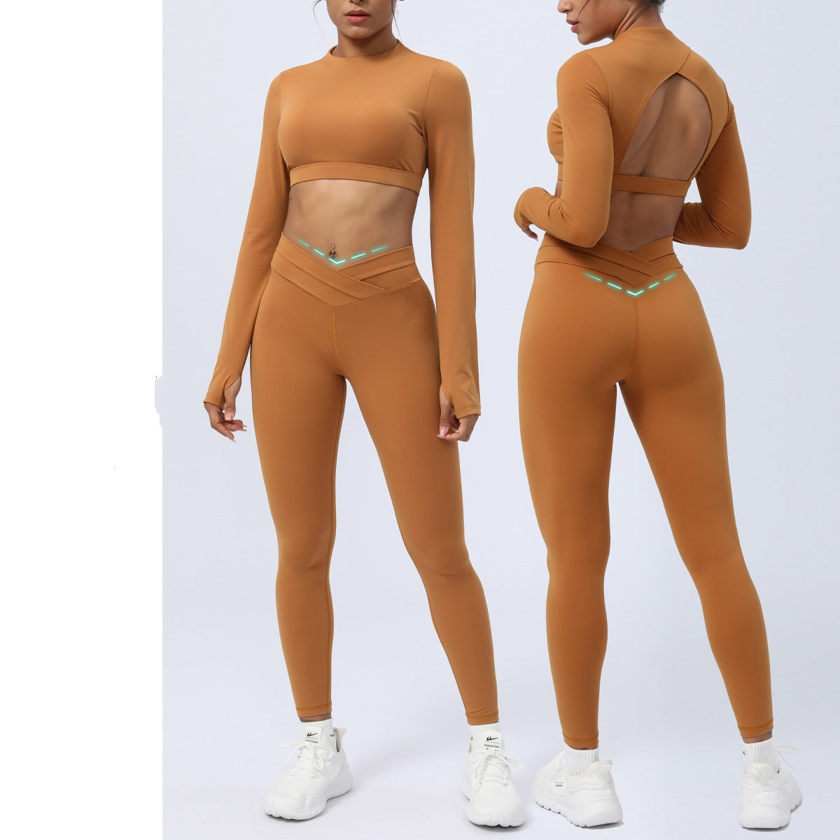 Nude Feel Cross Strap Workout Suit Set Cropped Pants Pullover Nylon Ammonia Double Sided Fabric Light Brown