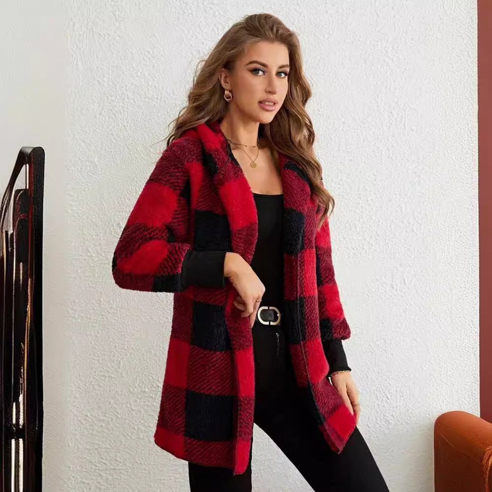 Red and black plaid knitted cardigan with open front and long sleeves