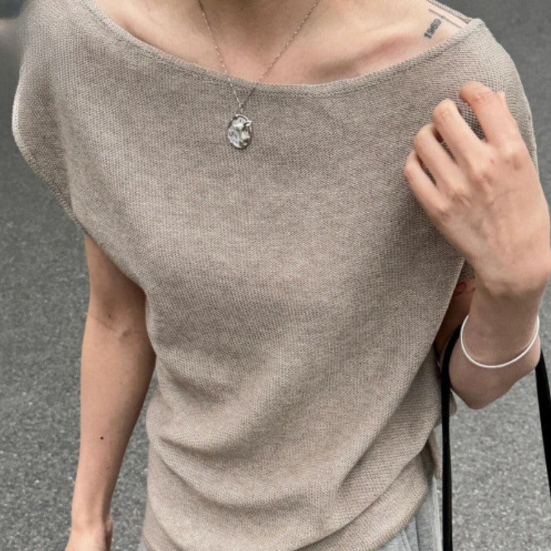 Women's Wool Linen Off-Shoulder Blouse - 3D Cut Short Sleeve Top