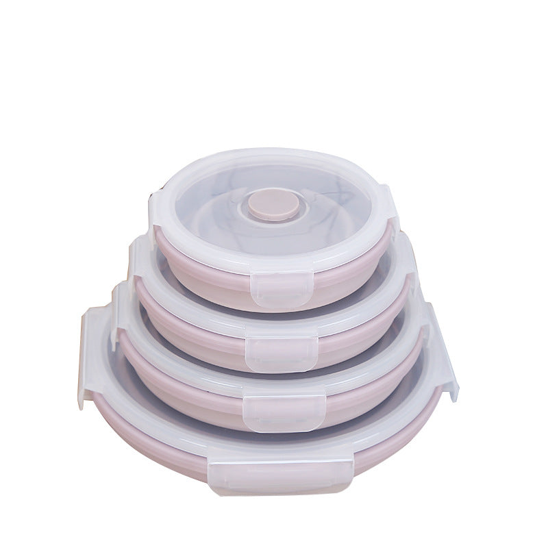 Silicone food storage bowl set with clear snap lids and pink accents, stacked