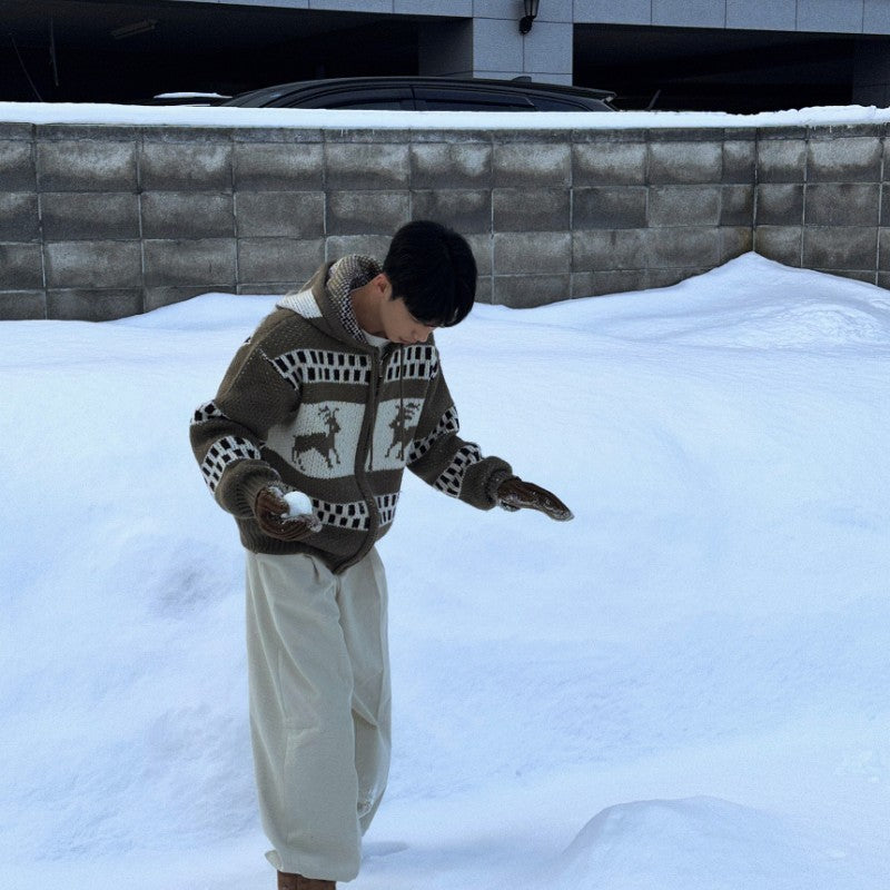 Jacquard Christmas Zipper Idle Style Cardigan Knitted Coat