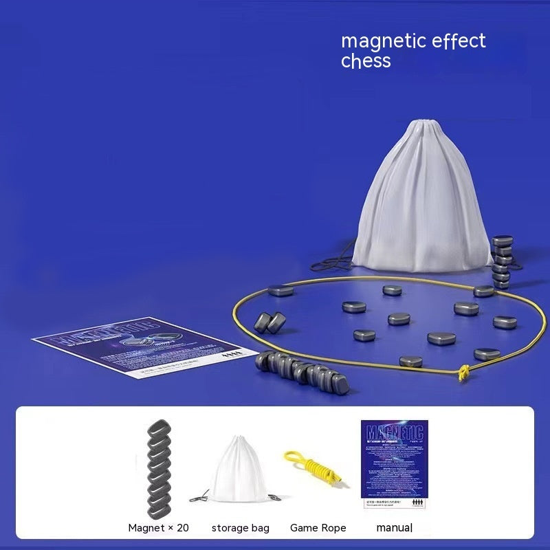 Magnetic chess board setup with round magnets, rope loop, storage bag, and instruction manual
