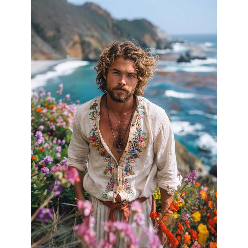 Retro Men's Casual Tops Open Collar Embroidered Shirt