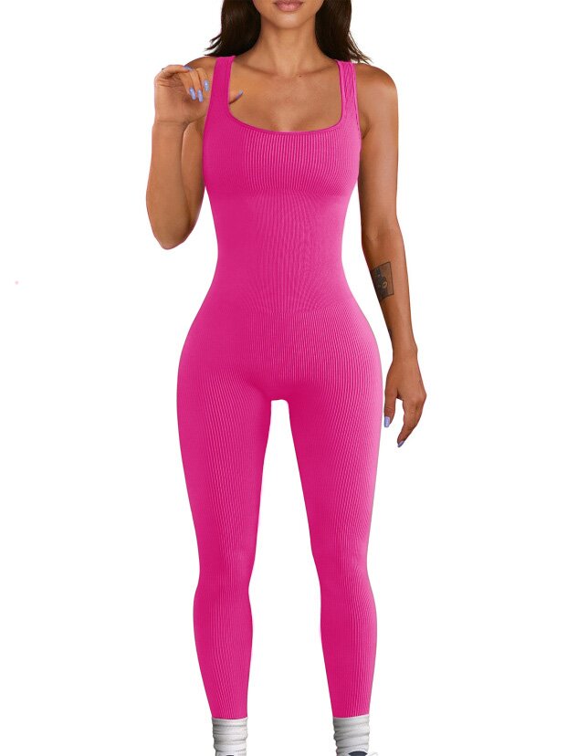 Women's sleeveless spandex workout bodysuit, rose pink, scoop neck, formfitting