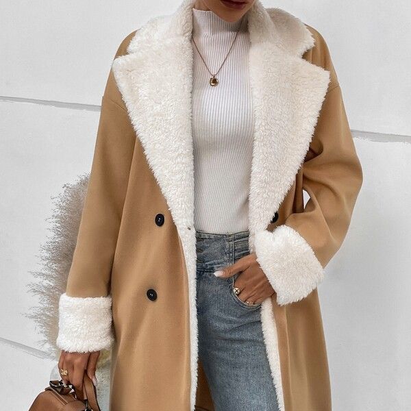 Women’s tan wool coat with white sherpa collar, cuff, and double-breasted black buttons