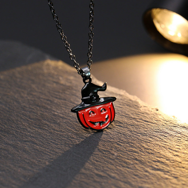 Halloween Gothic Skull Bat Pumpkin Pendant Necklace - Spooky Jewelry