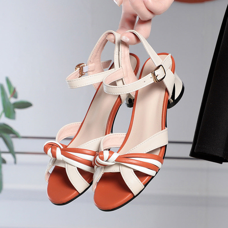 Fashion Top Layer Cowhide Thick Heel Hollow-Out Leather Dress Shoes