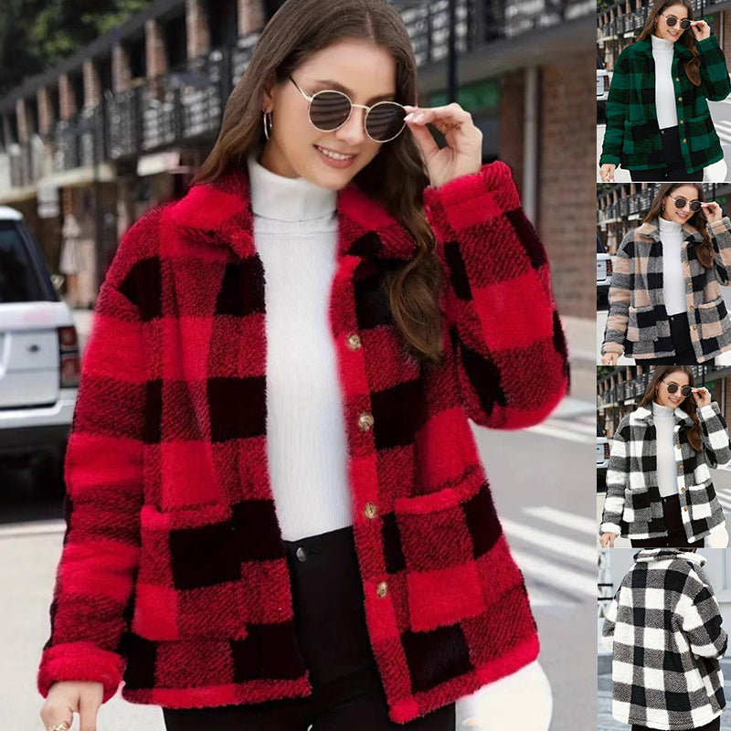 Women’s red and black plaid single-breasted jacket with button front and lapel collar.