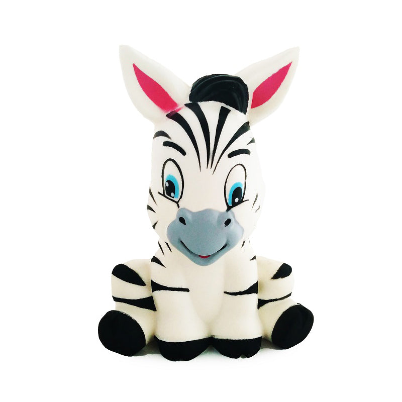 Zebra squishy toy with blue eyes, pink ears, and soft plush body