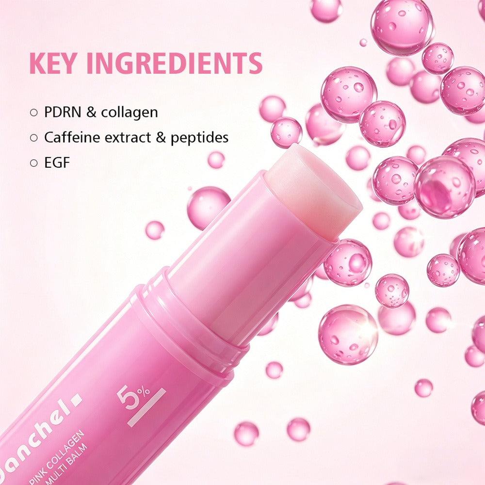 Pink collagen balm stick angled in front of floating pink bubbles