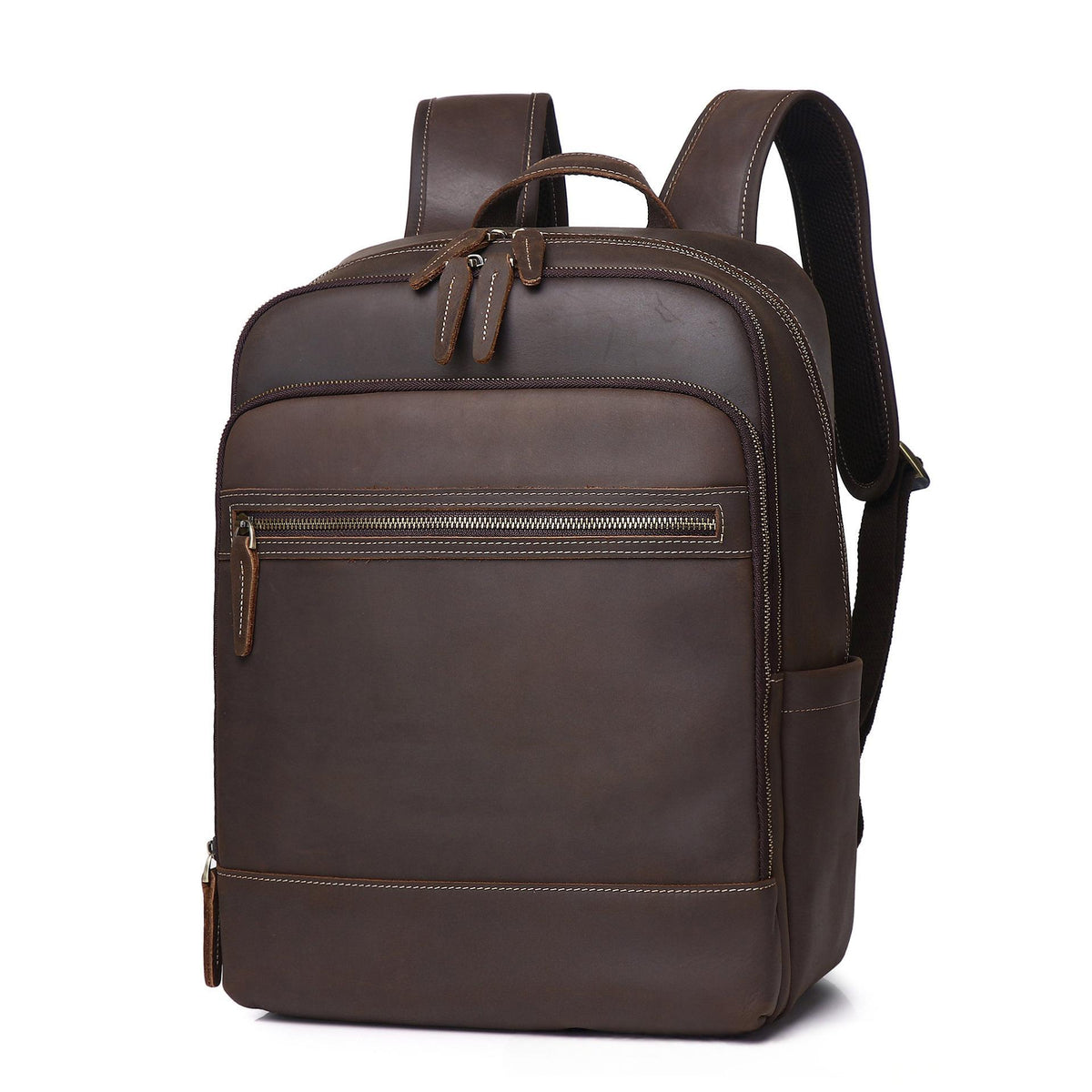Coffee-brown leather backpack with top handle and front zip pocket, two side straps