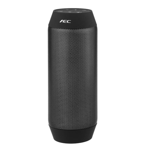 Black cylindrical Bluetooth speaker with mesh grille and top speaker label
