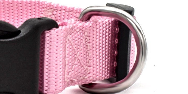 Pink adjustable pet collar with silver metal D-ring and black buckle