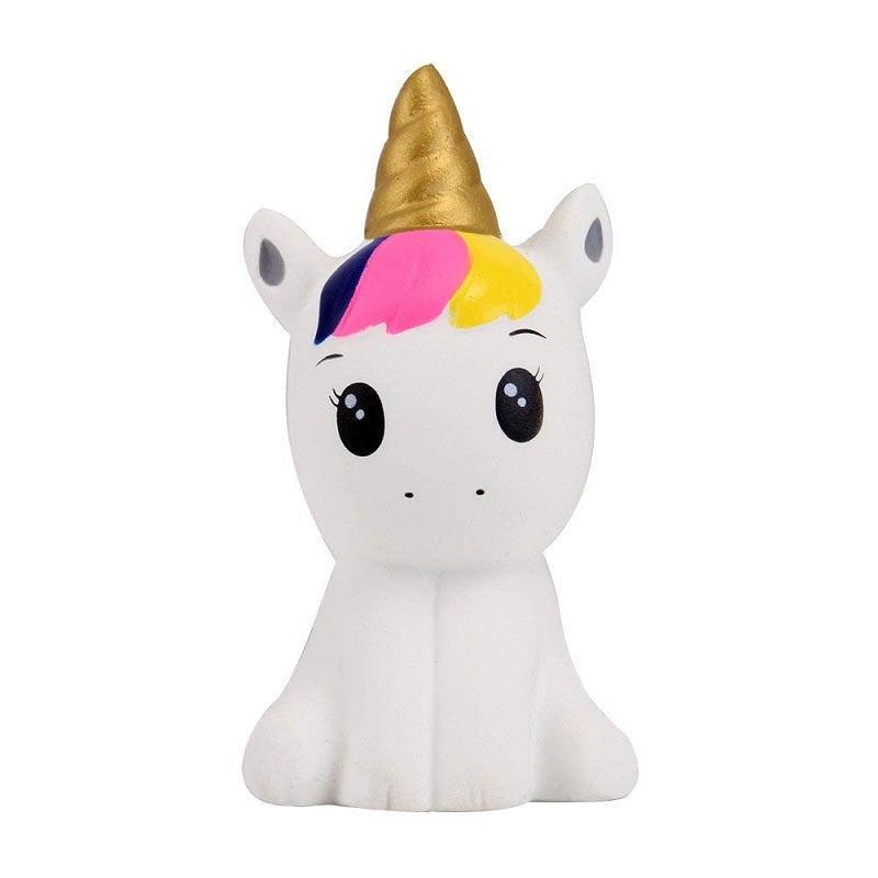 Unicorn squishy toy with gold horn, multicolor mane, and big black eyes