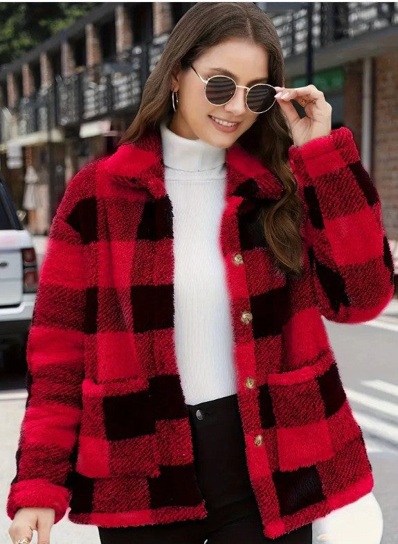 Women’s red and black plaid single-breasted jacket with button front and lapel collar.