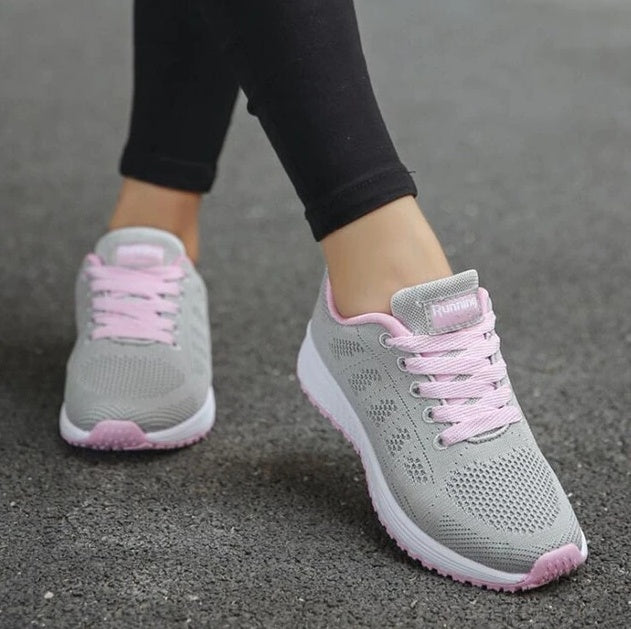 Women’s mesh wedge sneakers, light gray with pink laces and white-pink sole