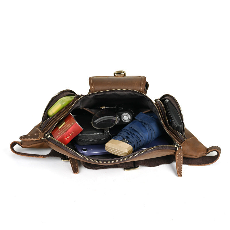 Brown Genuine Leather Chest Bag For Men Retro Multifunctional Motorcycle Satchel With Sewn Detailing