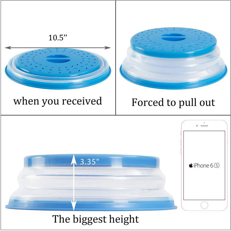 Blue collapsible microwave splash cover shown stacked and partially opened