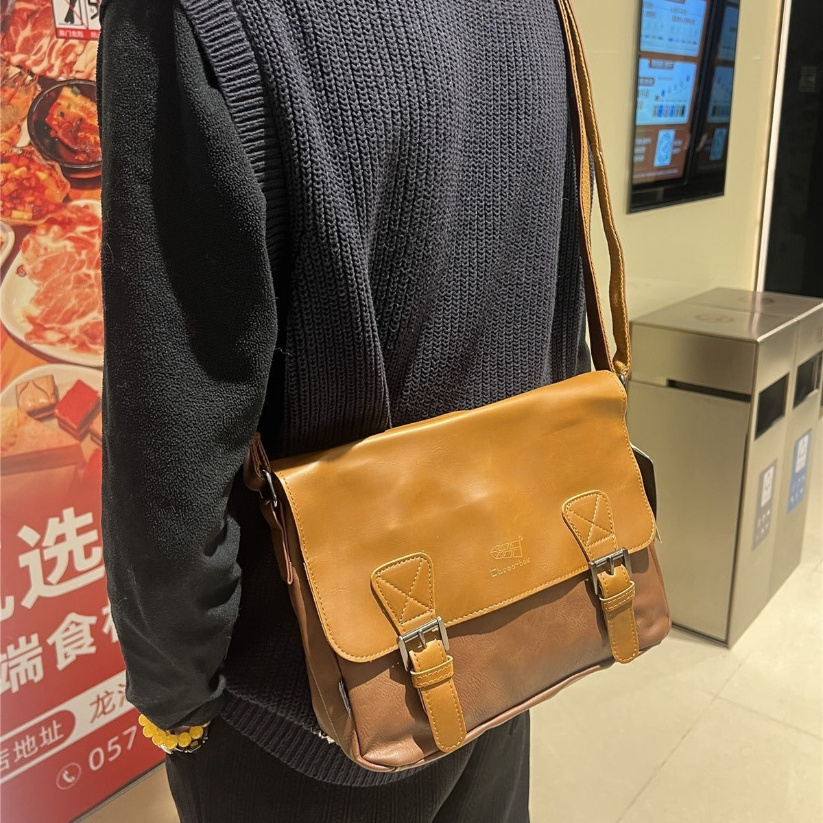 Retro Mens Japanese And Korean Casual Simple Shoulder Fashion Messenger Bag PU Leather Travel Everyday Use