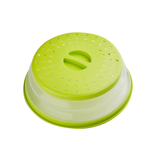 Collapsible microwave splash cover with vented green lid and clear base