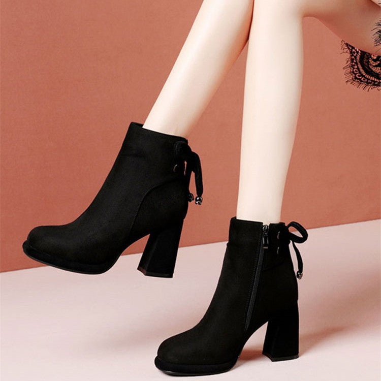 Women's black suede ankle boots, round toe, chunky heel, back zip detail